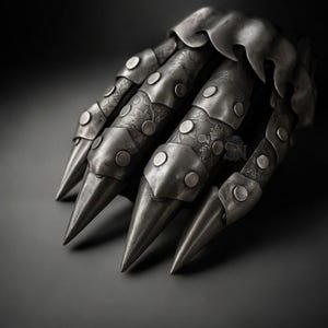 May include: A detailed, close-up view of a metallic claw. The claw features articulated segments with decorative floral patterns and rivet details. The sharp, conical tips of the claws are prominent against a dark background.