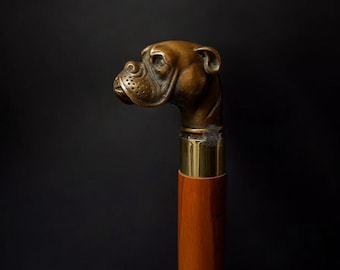 Bastón antiguo de latón con cabeza de perro - Bastón de madera hecho a mano