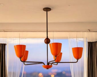 Mid Century Modern Orange Glass Chandelier, Brass Sputnik Pendant Light, Italian Stilnovo Fixture