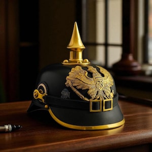 May include: A black and gold Prussian Pickelhaube helmet with a gold spike and eagle emblem. The helmet has a gold trim and buckle details. The emblem has the letters "FR" on it. The helmet is sitting on a wooden surface.