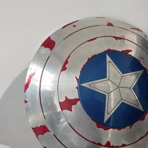 May include: A silver shield with a blue center and a white star. The shield has red accents around the edges. The shield is a replica of Captain America's shield.