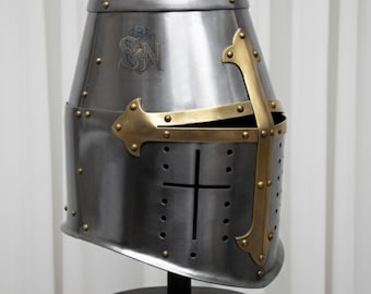 Medieval Knight Steel Helmet with Brass Cross, Wearable LARP Cosplay Helm