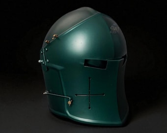 Casco de barbuta verde hecho a mano, acero calibre 18, casco de caballero medieval, casco de armadura italiana, equipo para cosplay y recreación histórica.