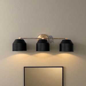 Matte Black & Brass 3-Light Wall Sconce: Mid-Century Modern Bathroom Lighting