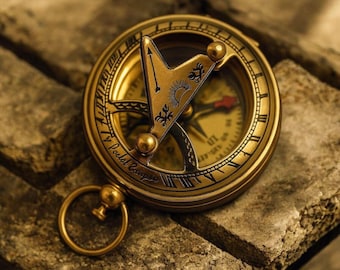 Brass Push Button Direction Sundial Vintage Style Brass Compass Sundial, Nautical Decor & Travel Gift, Antique Astronomy Collectible