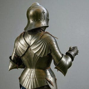 May include: A detailed view of antique metal armor, including a helmet, chest plate, and arm guards. The armor has intricate designs and is a muted gold color. The image is taken from the back, showcasing the armor's construction.