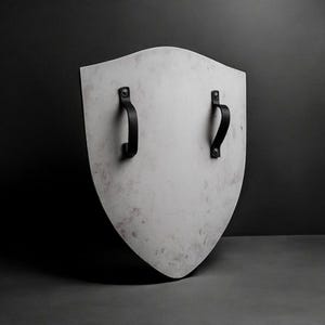 以下が含まれることがあります： 上部が湾曲し、下部が尖った薄い灰色の盾。2つの黒い革製ハンドルが金属製の金具で盾に取り付けられています。盾はわずかに使い古された外観で、色と質感に微妙な変化があります。