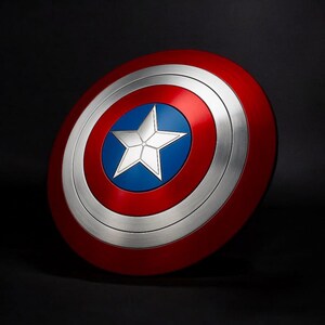 May include: A circular shield in red, white, and blue, featuring a silver star at its centre. The design includes a red outer ring, a silver band, and a blue central area. This shield is a replica of Captain America's iconic shield.