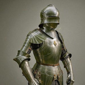 May include: A full suit of polished steel armor, featuring a helmet with a visor, shoulder and arm protection, and articulated gauntlets. The armor includes a breastplate, a waist belt, and leg protection. The overall design is intricate and detailed.