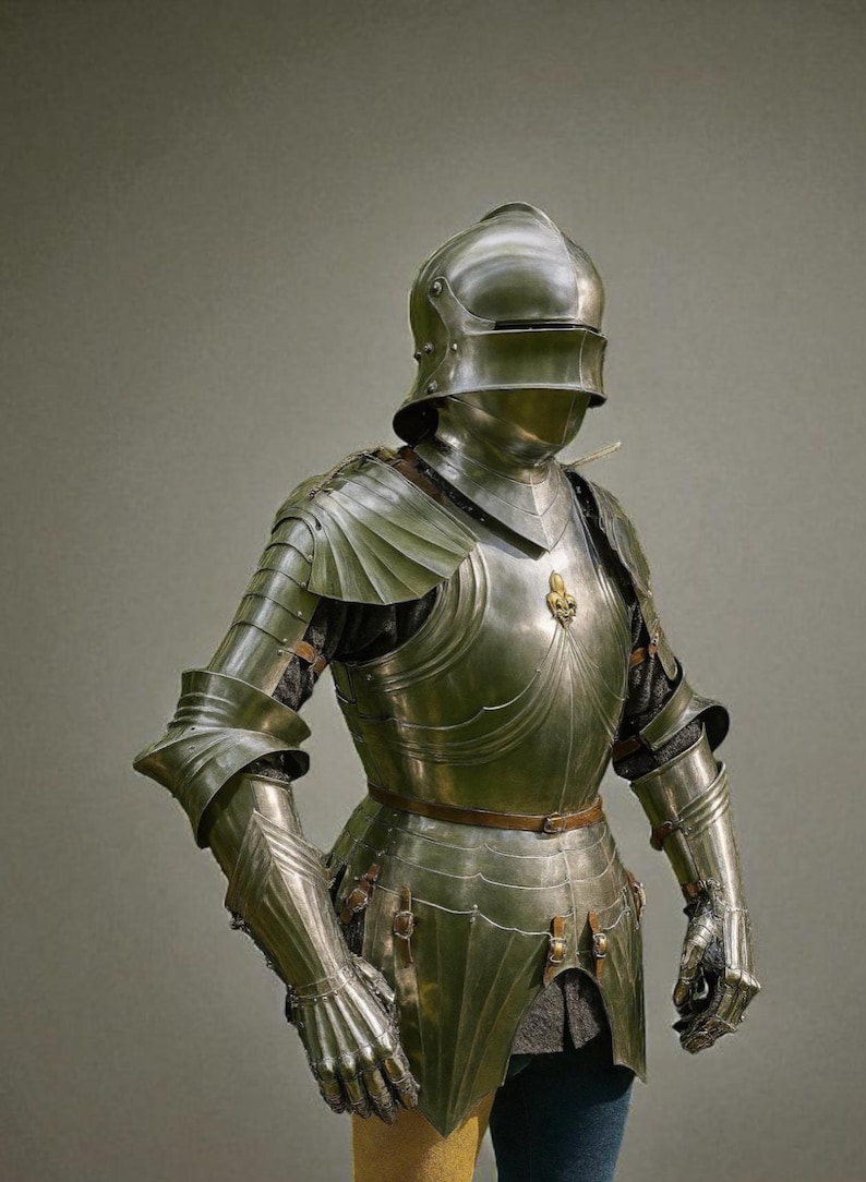 May include: A full suit of polished steel armor, featuring a helmet with a visor, shoulder and arm protection, and articulated gauntlets. The armor includes a breastplate, a waist belt, and leg protection. The overall design is intricate and detailed.