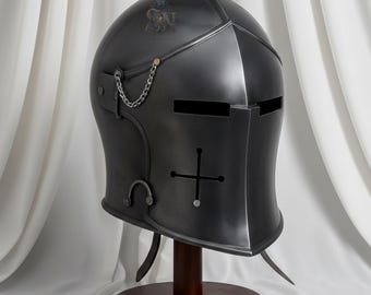 Handgeschmiedeter schwarzer Barbuta Helm aus 18-Gauge-Stahl Mittelalterliche Krieger Rüstung, LARP Cosplay Sammlerstück