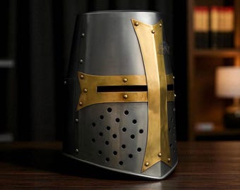 Medieval Templar Helmet 18 Gauge Steel Crusader Helmet, Wearable Knight Helmet Armor, Handmade Great Helm for LARP Cosplay