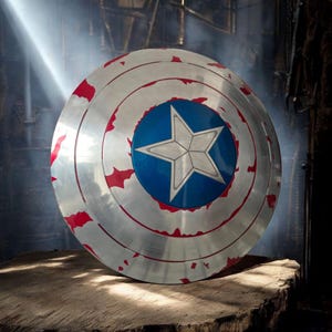 May include: A silver-colored shield with a blue circle and white star in the center. The shield has red accents around the edges and concentric circles. The shield is resting on a wooden surface.