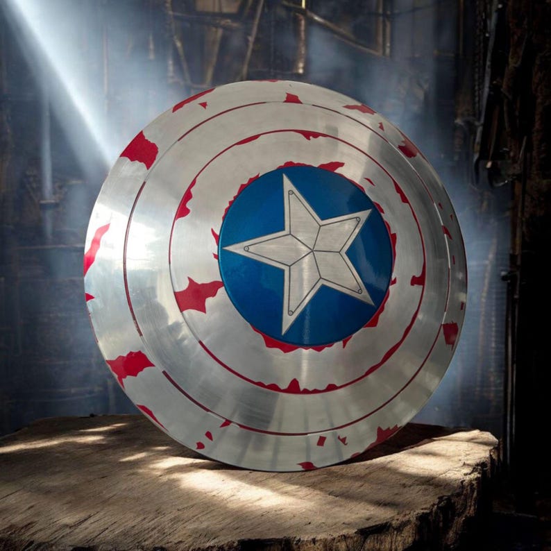 May include: A silver-colored shield with a blue circle and white star in the center. The shield has red accents around the edges and concentric circles. The shield is resting on a wooden surface.