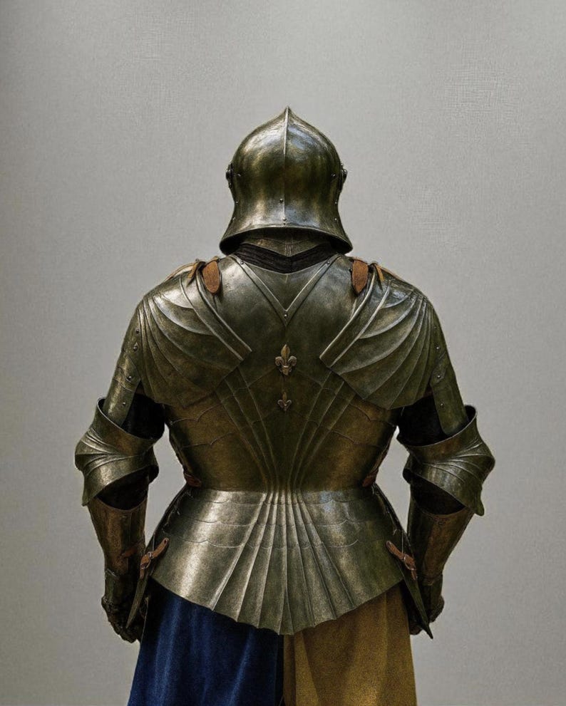 May include: A detailed view of antique metal armor, showcasing a helmet and the back of the suit. The armor has intricate designs and a fleur-de-lis emblem. The lower portion of the armor is partially visible, with blue and tan fabric.