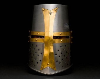 Medieval Templar Helmet 18 Gauge Steel Crusader Helmet, Wearable Knight Helmet Armor, Handmade Great Helm for LARP Cosplay