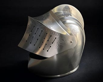 Hand-Engraved Knight Helmet 18-Gauge Steel Medieval Warrior Helm, Wearable Battle Armor for LARP, Cosplay & Collectors