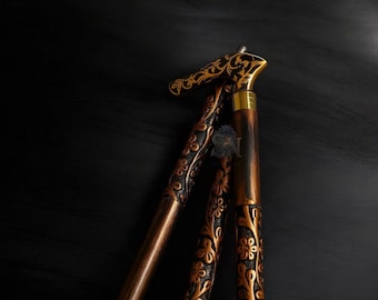 Victorian Floral Carved Walking Stick – Handmade Wood & Brass Cane, Elegant Gentleman’s Gift