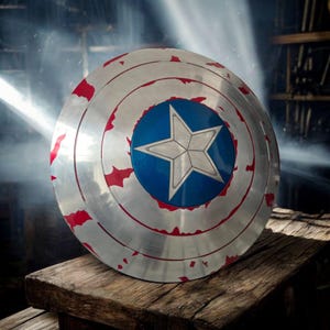 May include: A silver and red shield with a blue circle and white star design. The shield is round and has concentric circles. The shield is resting on a wooden surface. The shield has a distressed look.