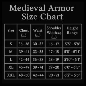 May include: A Medieval Armor Size Chart on a black background. The chart lists sizes S to XXL, with chest, waist, shoulder width, and height range measurements in inches. The text is in white.