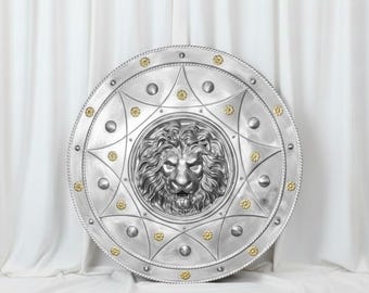 Medieval Lion Face Shield Steel Warrior Shield with Lion Emblem, Battle-Ready Armor Piece for LARP, Cosplay & Home Display Decor