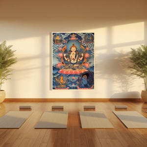 Hand-Painted Avalokiteshvara Thangka: Tibetan Silk Art, Yoga Decor (85x62 cm)