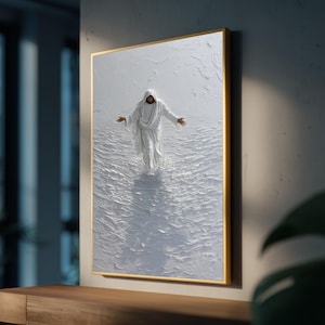 Jesus Walking on Water Canvas Print – Modern White Textured Religious Wall Art for Christian Home Decor, Faith Gift or Prayer Room