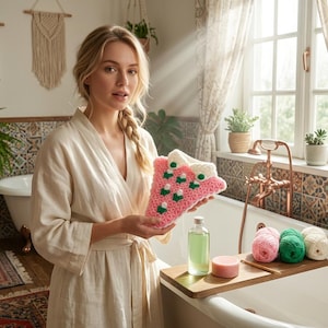 May include: A triangular crochet scrubby featuring a pink textured base with small green and white floral accents and a white top border. The item is held in front of a bathtub alongside a clear bottle of liquid, a pink soap bar, and three yarn balls.