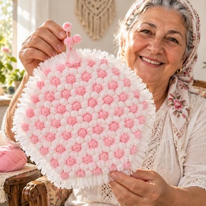 Puede incluir: Un tapiz textil circular que presenta un patrón repetitivo de pequeños pompones suaves de color rosa y blanco. La pieza está rematada con un borde blanco denso de flecos e incluye un pequeño lazo para colgar con dos pompones decorativos.