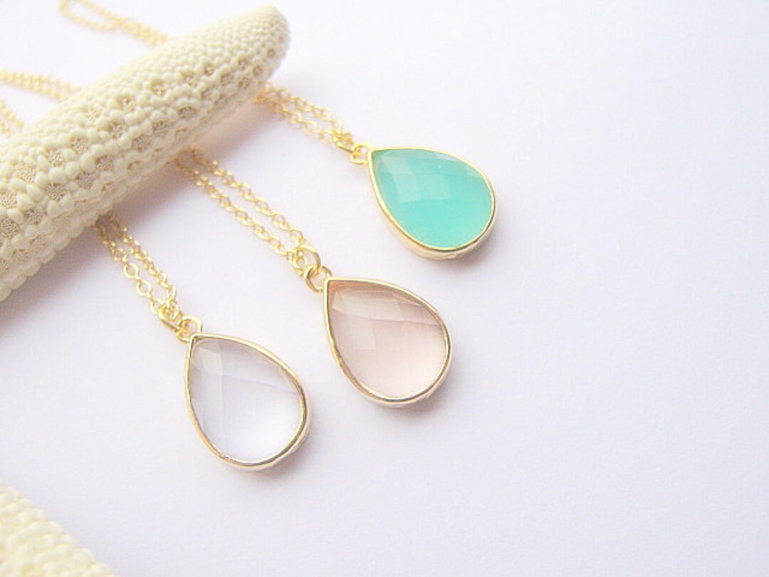 Teardrop Pendant Necklace / Gold Necklace / Light Blush / Mint Green ...