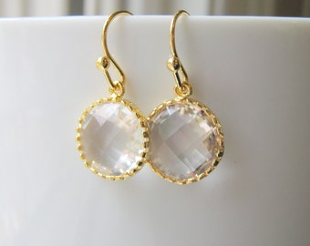 Clear Drop Earrings / Glass / Crystal Drop Earrings / Dangle / Bridesmaids / Wedding / 14K Gold Filled Wire / White Topaz / Mini / Dainty