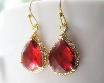 Ruby Red Gold Teardrop Earrings / Glass Dangle / Bridal / Bridesmaids / Wedding / Ruby Drop Earrings / 14K Gold Filled Wire / Drop Earrings