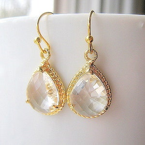 Crystal Clear Gold Teardrop Earrings / Crystal Drop Earrings / Glass Dangle / Bridesmaids / Wedding / 14K Gold Filled Wire / White Topaz image 1