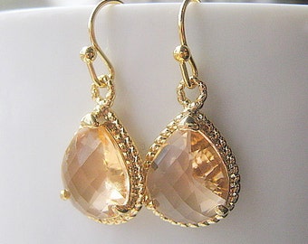 Champagne Teardrop Earrings / Blush Drop Earrings / Glass Dangle / Bridesmaids / Wedding / 14K Gold Filled Wire / Peach / Pink Champagne
