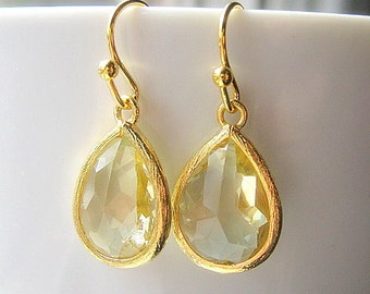Pale Yellow Teardrop Earrings / Bridesmaids / Gold Glass Dangle Drop Earrings / Wedding / 14K Gold Filled Wire / Light Yellow / Gift