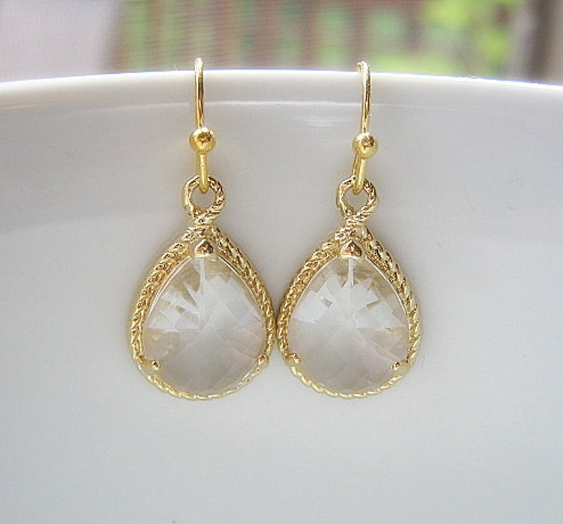 Crystal Clear Gold Teardrop Earrings / Crystal Drop Earrings / Glass Dangle / Bridesmaids / Wedding / 14K Gold Filled Wire / White Topaz image 4