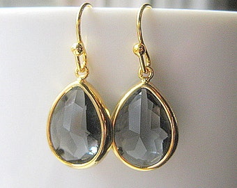 Gray Gold Teardrop Earrings / Glass Dangle Drop / Grey / Bridesmaids / Wedding / 14K Gold Filled Wire / Charcoal / Ohio State