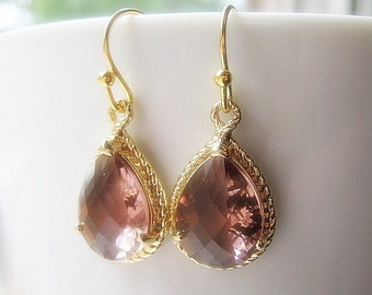 Mauve Pink Gold Bridal Earrings Glass Dangle Teardrop Earrings, Bridesmaids, Wedding, Teardrop Earrings, 14K Gold Filled Wire, Drop Earrings