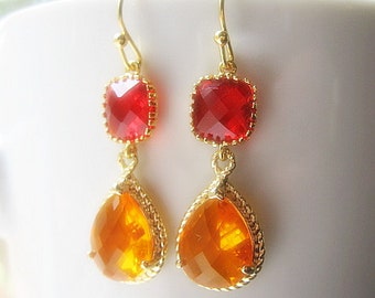 Orange and Red Earrings / Orange Topaz / Red Garnet / Glass Dangle Teardrop / Bridesmaids / Wedding / Bridal Party / Drop Earrings / Gold