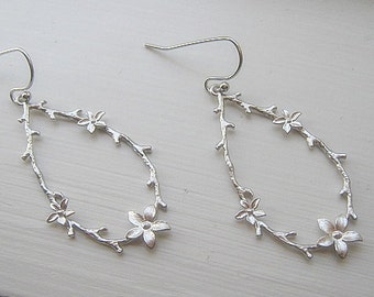 Twig and Blossom Earrings / Branch Earrings / Long Silver Dangle Earrings / Minimalist / Fall Earrings /  14K Gold Filled Wire