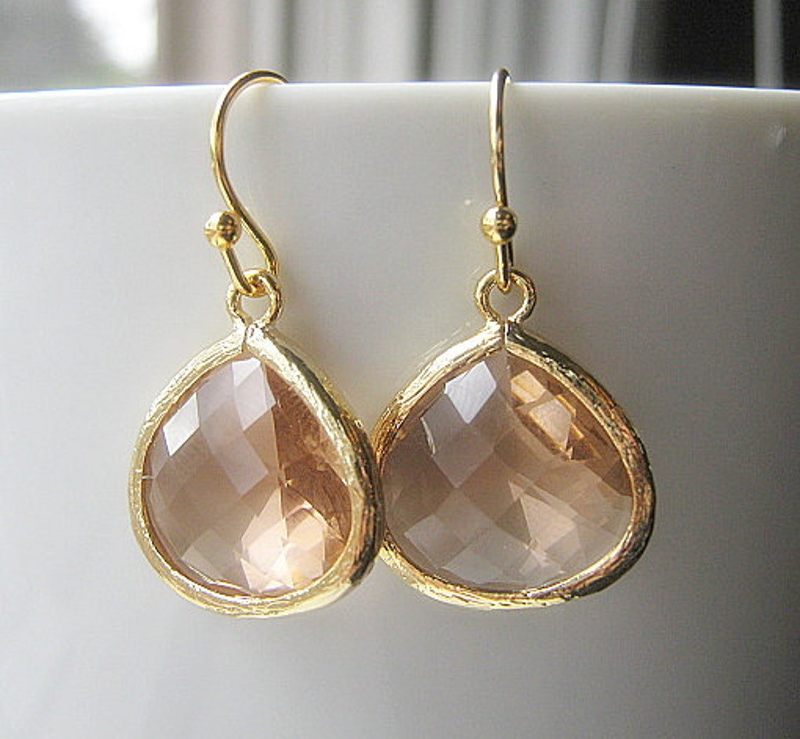 Blush Drop Earrings, Gold Teardrop, Bridesmaid Earrings Glass Dangle