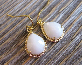 White Glass Gold Teardrop Earrings / White Drop Earrings / Glass Dangle / Bridesmaids / Wedding / 14K Gold Filled Wire / Milk Glass / Jade