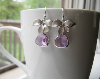 Lilac Purple Orchid Silver Glass Drop Dangle Earrings, Bridal Earrings, Bridesmaids, Purple Orchid Earrings, Anniversary Gift