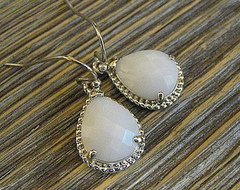 White Glass Teardrop Silver Earrings / White Drop Earrings / Glass Dangle / Bridesmaids / Wedding / 14K Gold Filled Wire / Milk Glass / Jade