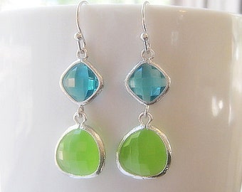 Peridot Green and Ocean Blue Sea Glass Teardrop Dangle Earrings, Color Block, Bridal, Bridesmaids, Wedding, Everyday Casual