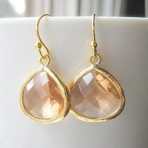 Blush boucles doreilles, or en forme de larme, demoiselle dhonneur en verre boucles doreilles pendantes, mariée, mariage, Champagne, or 14K rempli de fil de pêche, image 1