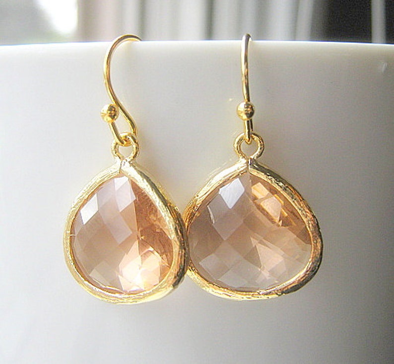 Blush Drop Earrings, Gold Teardrop, Bridesmaid Earrings Glass Dangle, Bridal, Wedding, Champagne, 14K Gold Filled Wire, Peach image 1