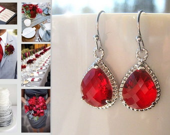 Siam Red Silver Teardrop Earrings / Glass Dangle / Bridal / Bridesmaids / Wedding / Drop Earrings / 14K Gold Filled Wire / Drop Earrings