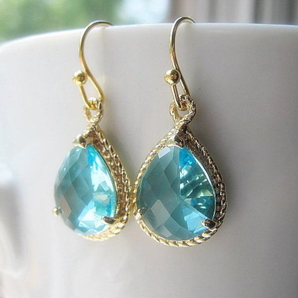 Aquamarine Gold Teardrop Earrings / Aqua Blue / Glass Dangle  / Bridesmaids / Wedding / Teal Drop Earrings / 14K Gold Filled Wire