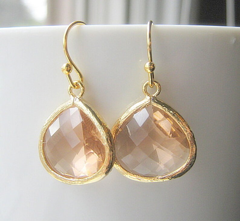 Blush Drop Earrings, Gold Teardrop, Bridesmaid Earrings Glass Dangle, Bridal, Wedding, Champagne, 14K Gold Filled Wire, Peach image 2